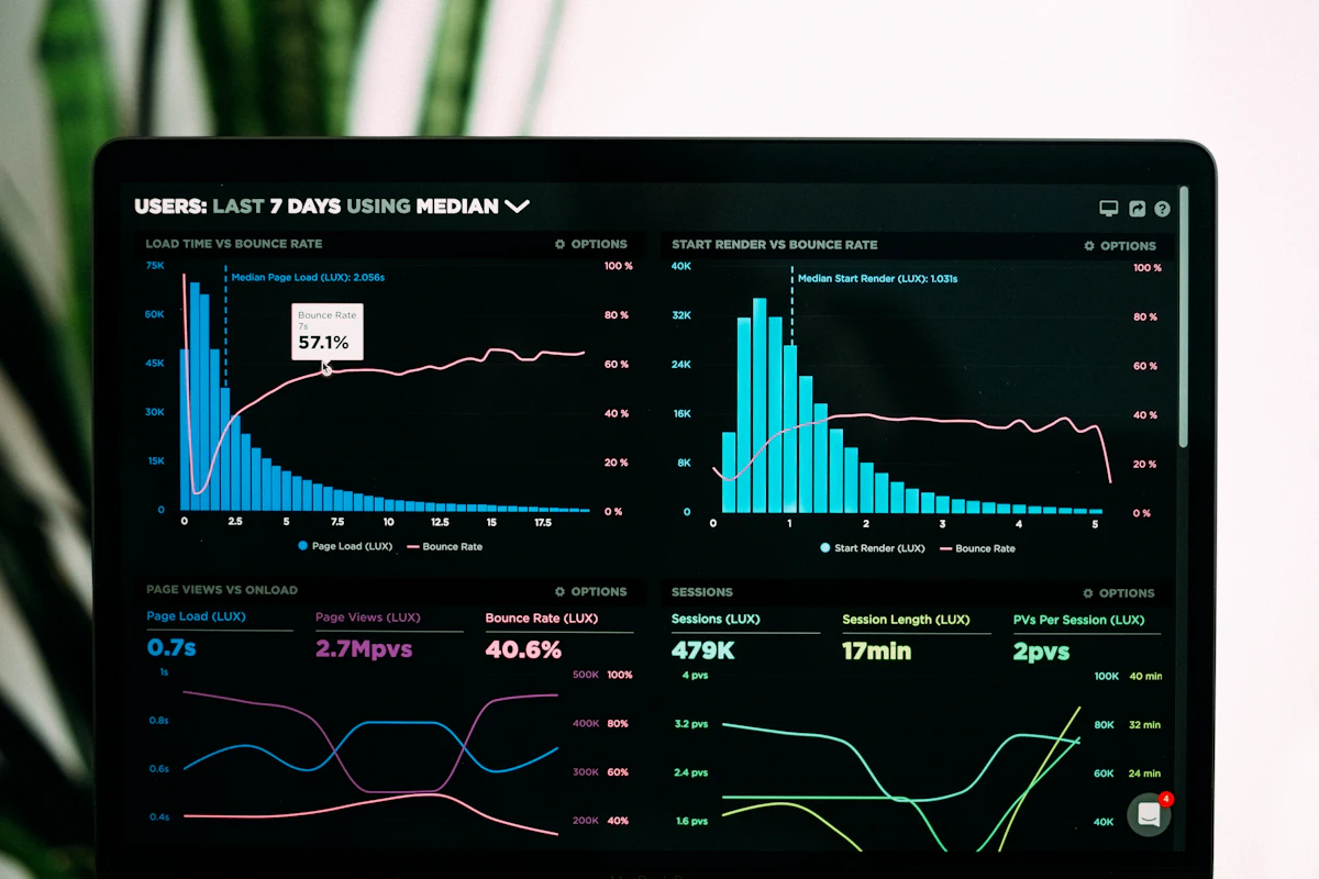 Layar laptop menampilkan grafik data, melambangkan analisis statistik